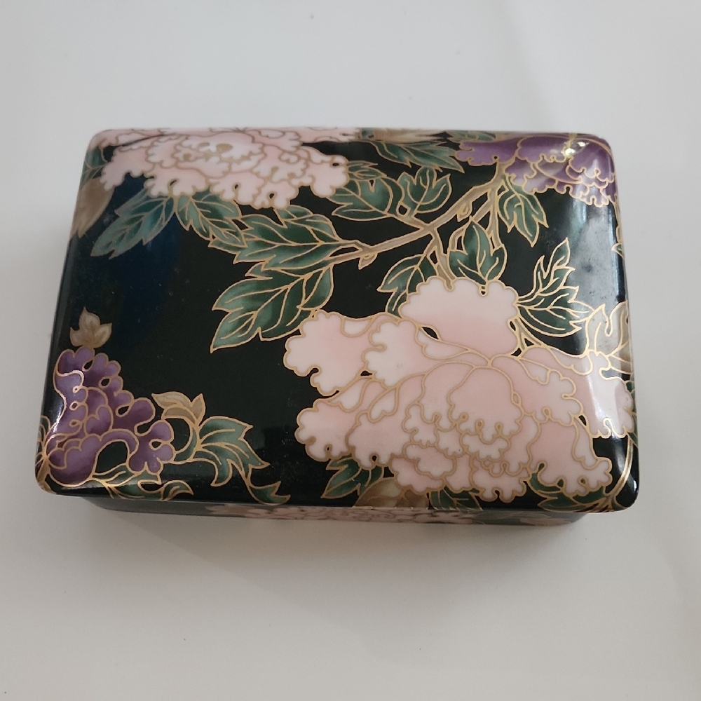 Fitz And Floyd Floral Black and Pink Jewelry/Trinket Box Fine Porcelain